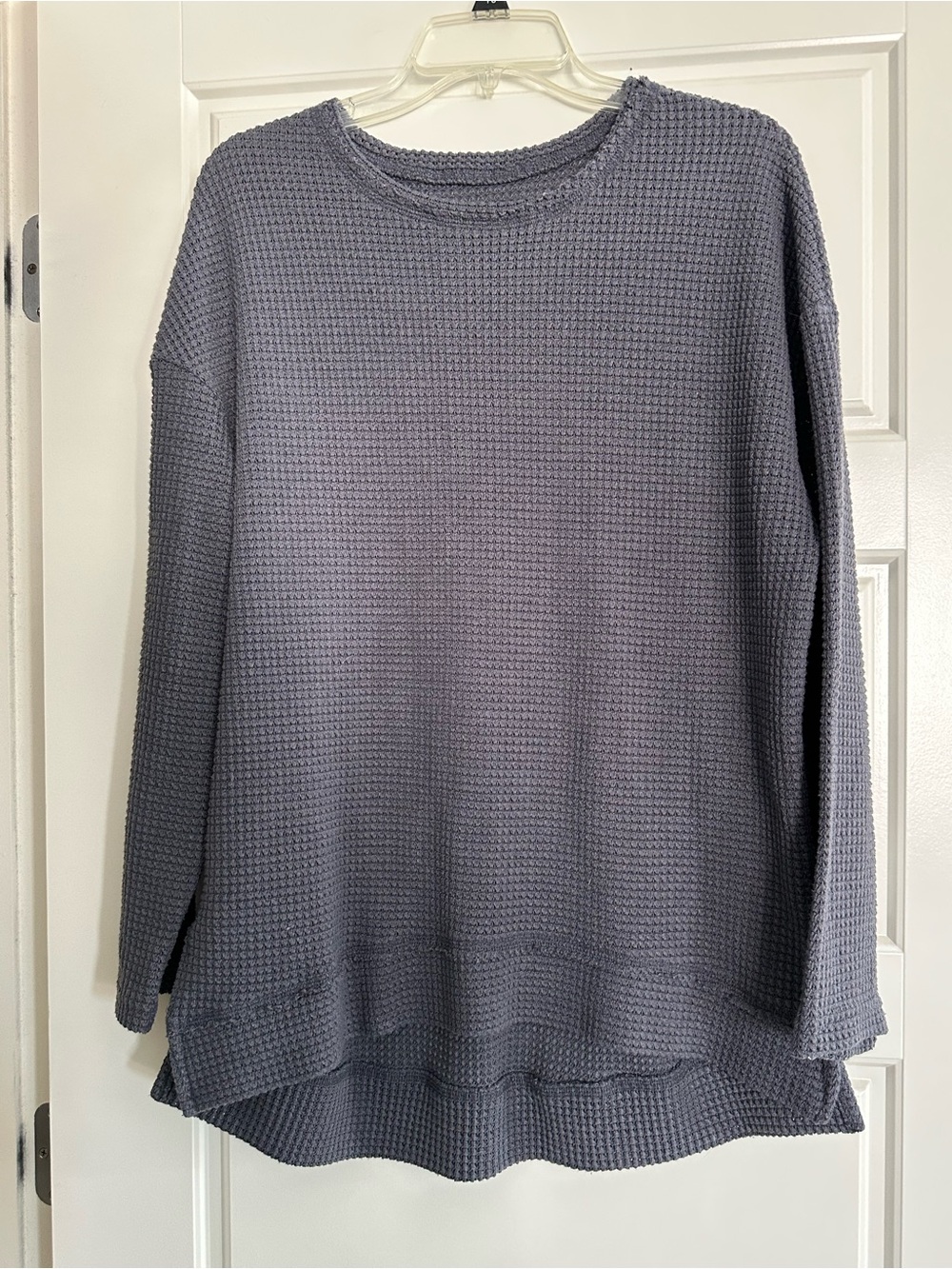 Waffle Knit Long Sleeve Pullover Sweater - Gray